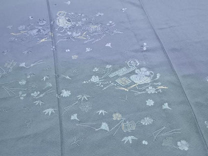 平和屋着物▽中国三大刺繍　スワトウ刺繍　総刺繍　訪問着　単衣　宝尽くし文　暈し染め　金糸　正絹　逸品　CABG2566th