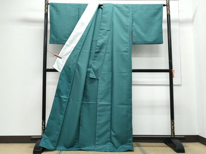 平和屋着物▽色無地　単衣　千歳緑色　洗える着物　CABG2577th