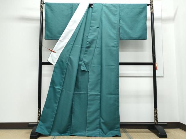 平和屋着物▽色無地　単衣　千歳緑色　洗える着物　CABG2577th