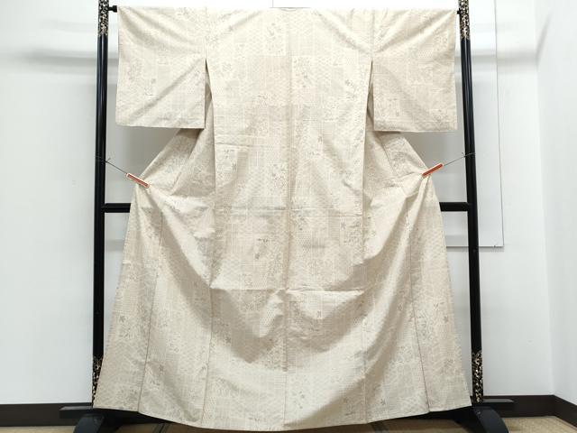 平和屋着物▽結城紬　単衣　80亀甲　短冊花文　正絹　逸品　CABG2582th
