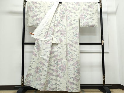 平和屋着物▽上質な紬　単衣　草花文　正絹　逸品　CABG2583th