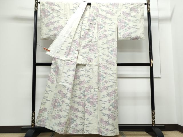 平和屋着物▽上質な紬　単衣　草花文　正絹　逸品　CABG2583th