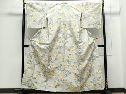 平和屋着物▽上質な紬　単衣　草花文　正絹　逸品　CABG2587th