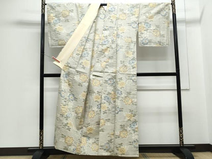 平和屋着物▽上質な紬　単衣　草花文　正絹　逸品　CABG2587th