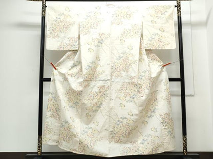 平和屋着物▽上質な紬　単衣　草花文　正絹　逸品　CABG2588th