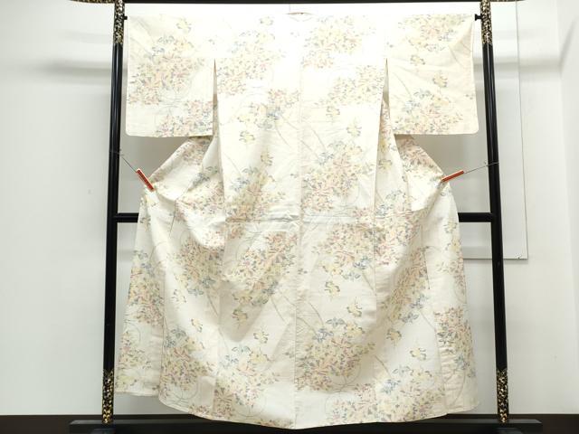 平和屋着物▽上質な紬　単衣　草花文　正絹　逸品　CABG2588th