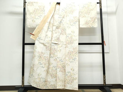 平和屋着物▽上質な紬　単衣　草花文　正絹　逸品　CABG2588th