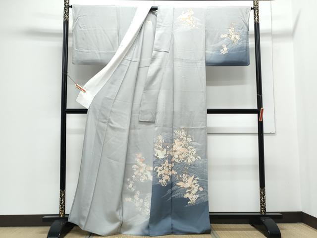平和屋着物▽訪問着　単衣　駒刺繍　立波飛鶴花文　暈し染め　金彩　正絹　逸品　CABG2598th