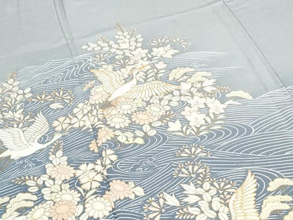 平和屋着物▽訪問着　単衣　駒刺繍　立波飛鶴花文　暈し染め　金彩　正絹　逸品　CABG2598th