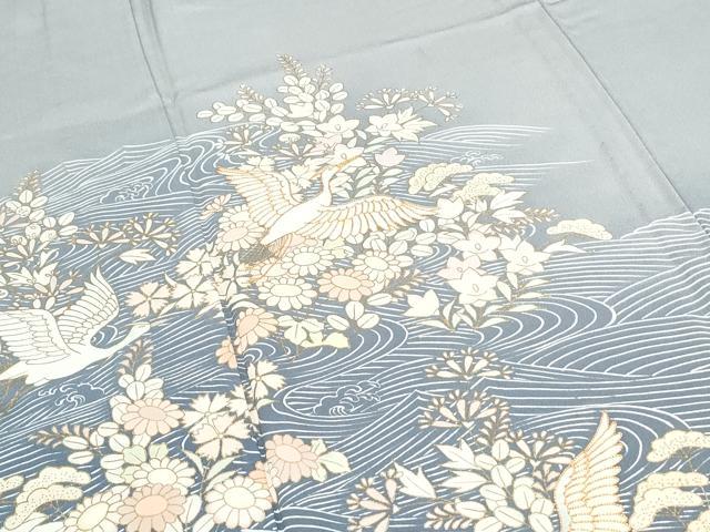平和屋着物▽訪問着　単衣　駒刺繍　立波飛鶴花文　暈し染め　金彩　正絹　逸品　CABG2598th