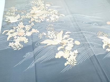 平和屋着物▽訪問着　単衣　駒刺繍　立波飛鶴花文　暈し染め　金彩　正絹　逸品　CABG2598th