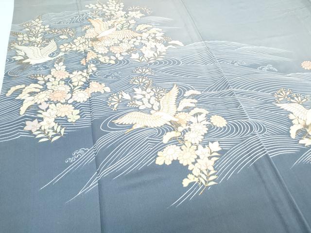 平和屋着物▽訪問着　単衣　駒刺繍　立波飛鶴花文　暈し染め　金彩　正絹　逸品　CABG2598th