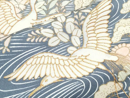 平和屋着物▽訪問着　単衣　駒刺繍　立波飛鶴花文　暈し染め　金彩　正絹　逸品　CABG2598th