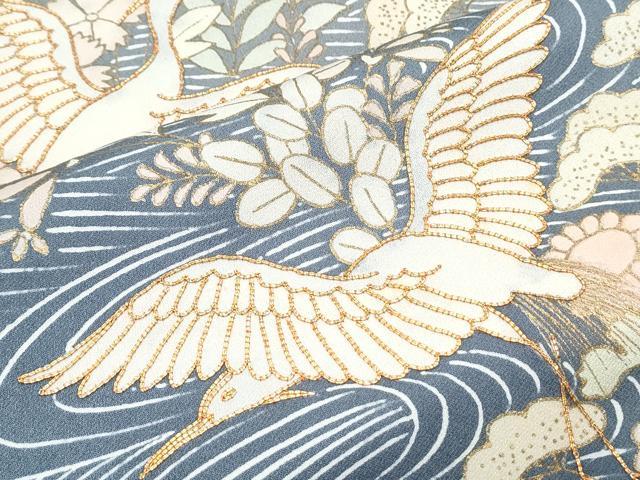 平和屋着物▽訪問着　単衣　駒刺繍　立波飛鶴花文　暈し染め　金彩　正絹　逸品　CABG2598th