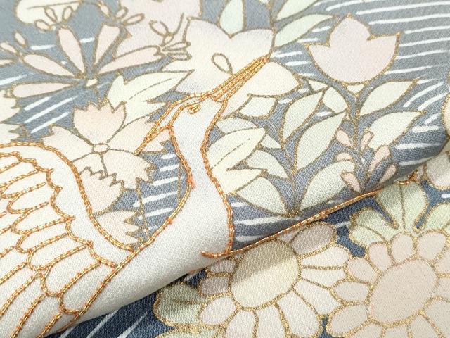 平和屋着物▽訪問着　単衣　駒刺繍　立波飛鶴花文　暈し染め　金彩　正絹　逸品　CABG2598th