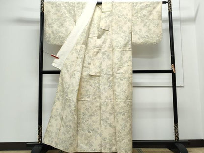 平和屋着物▽上質な紬　単衣　草葉文　正絹　逸品　CABG2601th
