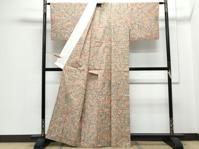 平和屋着物▽上質な紬　単衣　樹林風景文　正絹　逸品　CABG2614th