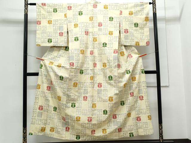 平和屋着物▽上質な紬　単衣　遠州椿　正絹　逸品　CABG2619th