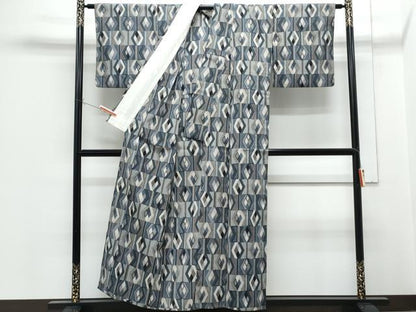 平和屋着物▽上質なお召　単衣　菱文　正絹　逸品　CABG2621th