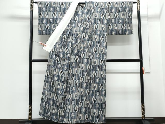 平和屋着物▽上質なお召　単衣　菱文　正絹　逸品　CABG2621th