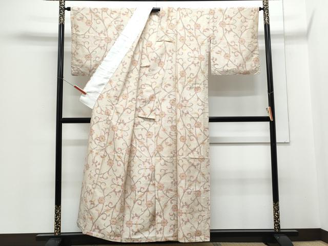 平和屋着物▽上質な紬　単衣　花唐草文　正絹　逸品　CABG2630th