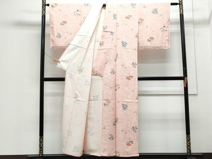 平和屋着物▽上質な小紋　単衣　花蝶文　金彩　正絹　逸品　CABG2634th
