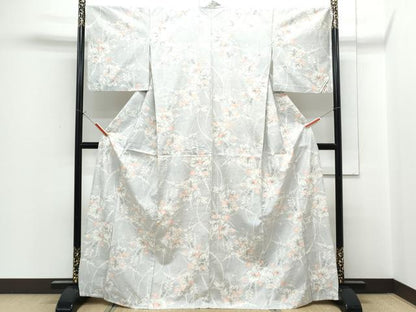 平和屋着物▽上質な紬　単衣　草花文　正絹　逸品　CABG2650th