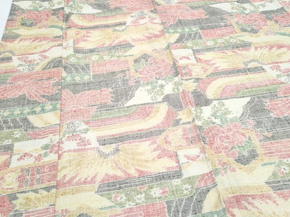 平和屋着物▽上質な紬　単衣　吉祥花文　正絹　逸品　CABG2668th