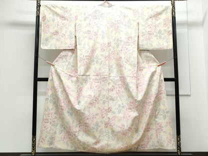 平和屋着物▽上質な紬　単衣　草花文　正絹　逸品　CABG2669th