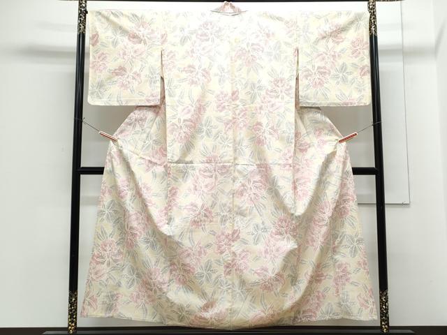 平和屋着物▽上質な紬　単衣　草花文　正絹　逸品　CABG2669th