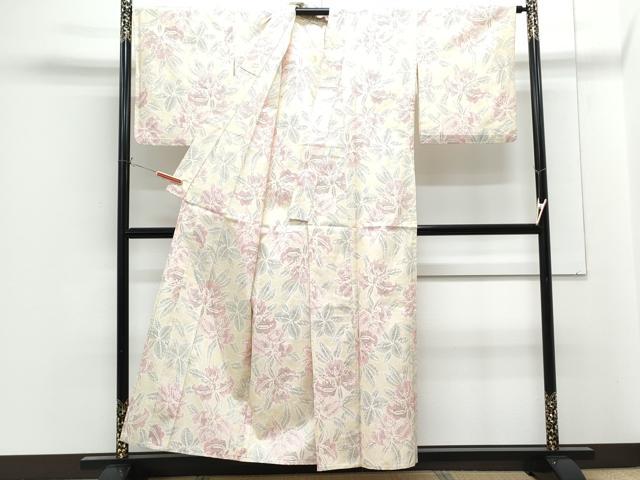 平和屋着物▽上質な紬　単衣　草花文　正絹　逸品　CABG2669th