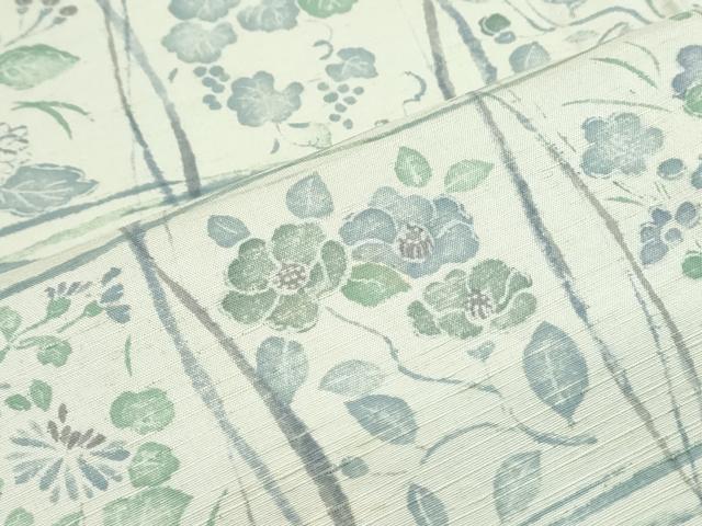 平和屋着物▽上質な小紋　単衣　紬地　格子草花文　正絹　逸品　CABG2677th