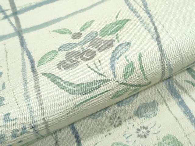平和屋着物▽上質な小紋　単衣　紬地　格子草花文　正絹　逸品　CABG2677th