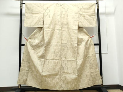 平和屋着物▽上質な紬　単衣　亀甲文様　正絹　逸品　CABG2678th