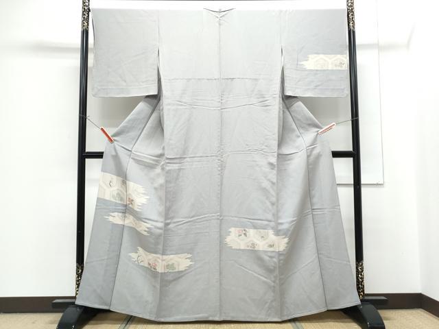 平和屋着物▽訪問着　単衣　刺繍　亀甲花文　金銀彩　鬼しぼ縮緬　反端付き　正絹　逸品　CABG2684th