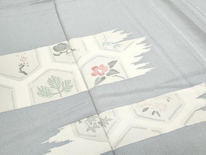 平和屋着物▽訪問着　単衣　刺繍　亀甲花文　金銀彩　鬼しぼ縮緬　反端付き　正絹　逸品　CABG2684th