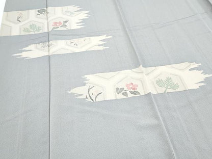 平和屋着物▽訪問着　単衣　刺繍　亀甲花文　金銀彩　鬼しぼ縮緬　反端付き　正絹　逸品　CABG2684th