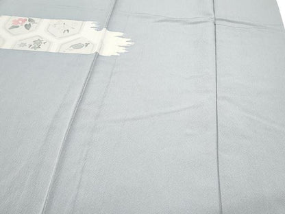 平和屋着物▽訪問着　単衣　刺繍　亀甲花文　金銀彩　鬼しぼ縮緬　反端付き　正絹　逸品　CABG2684th