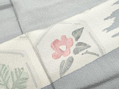 平和屋着物▽訪問着　単衣　刺繍　亀甲花文　金銀彩　鬼しぼ縮緬　反端付き　正絹　逸品　CABG2684th