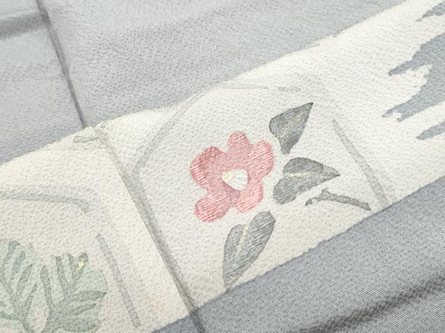 平和屋着物▽訪問着　単衣　刺繍　亀甲花文　金銀彩　鬼しぼ縮緬　反端付き　正絹　逸品　CABG2684th