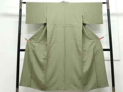 平和屋着物▽上質な色無地　単衣　松葉色　正絹　逸品　CABG2708th