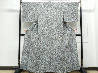 平和屋着物▽上質な小紋　単衣　草花文　鬼しぼ縮緬　正絹　逸品　未使用　CABG2711th