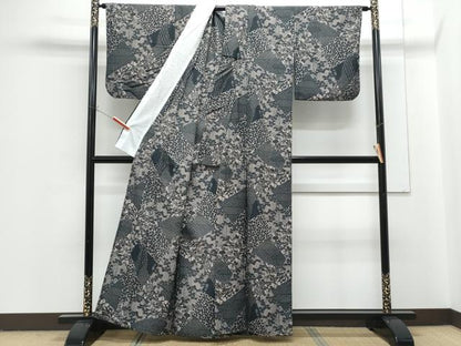 平和屋着物▽小紋　単衣　型染め　切嵌草花文　洗える着物　CABG2715th