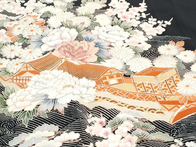 平和屋着物■豪華黒留袖　駒刺繍　風景花文　金彩　正絹　逸品　CABG2716th