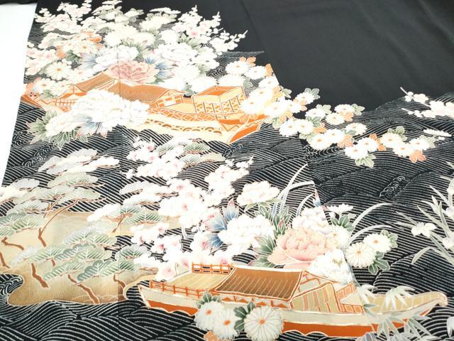 平和屋着物■豪華黒留袖　駒刺繍　風景花文　金彩　正絹　逸品　CABG2716th