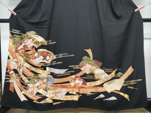 平和屋着物■豪華黒留袖　駒刺繍　地紙飛鶴花文　金彩　正絹　逸品　CABG2720th