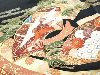 平和屋着物■豪華黒留袖　駒刺繍　地紙飛鶴花文　金彩　正絹　逸品　CABG2720th
