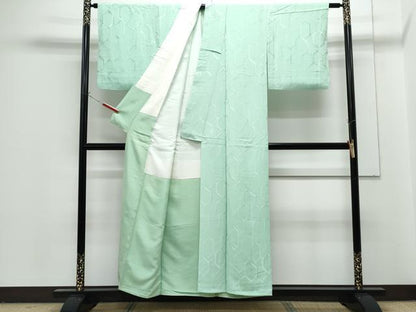 平和屋着物■上質な色無地　亀甲重ね地紋　青磁鼠色　正絹　逸品　CABG2728th