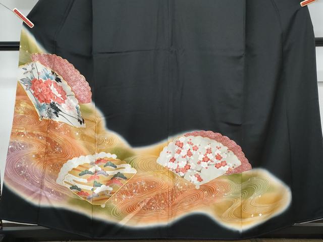 平和屋着物■豪華黒留袖　駒刺繍　扇面花文　暈し染め　金彩　正絹　逸品　CABG2745th