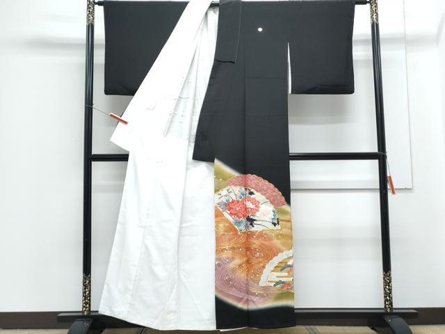 平和屋着物■豪華黒留袖　駒刺繍　扇面花文　暈し染め　金彩　正絹　逸品　CABG2745th